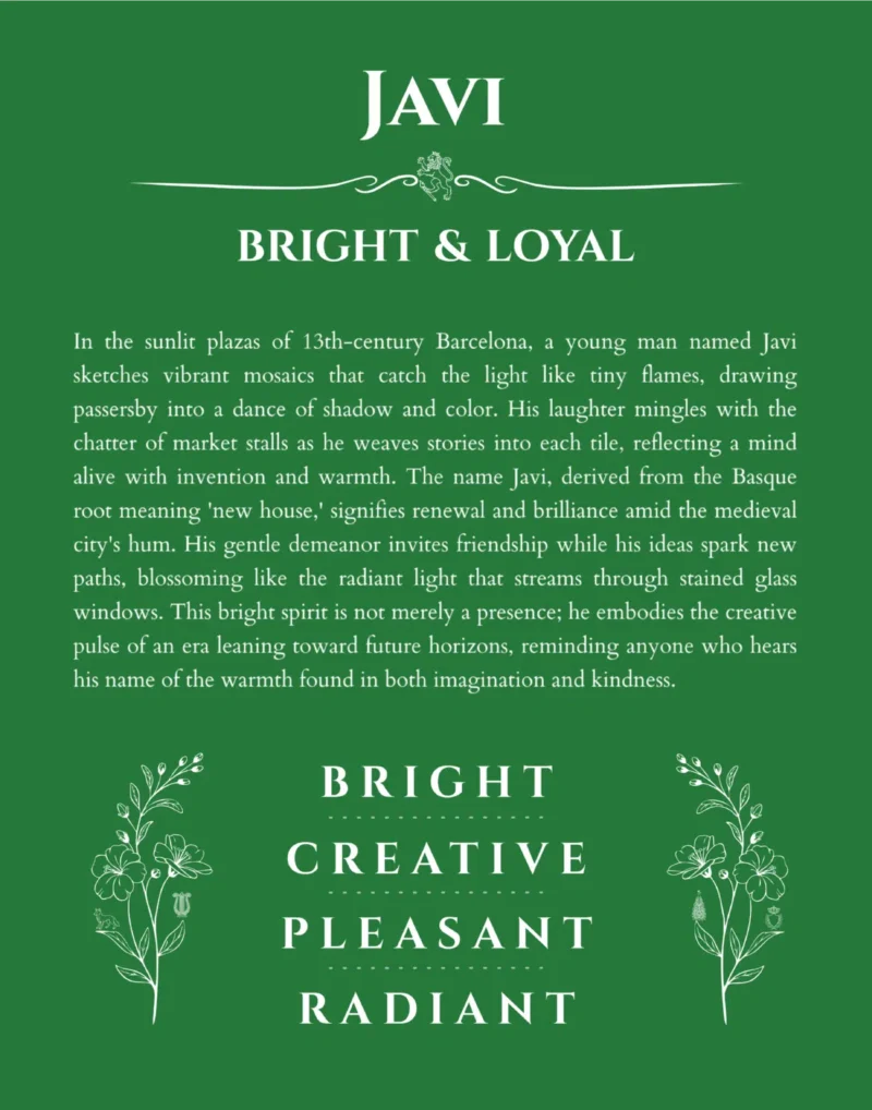 Javi personalized name art with origin story in dark green