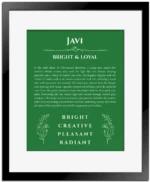Javi personalized name art with origin story in dark green with black matte frame