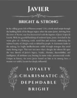 Javier custom name art showing meaning and origin in gray