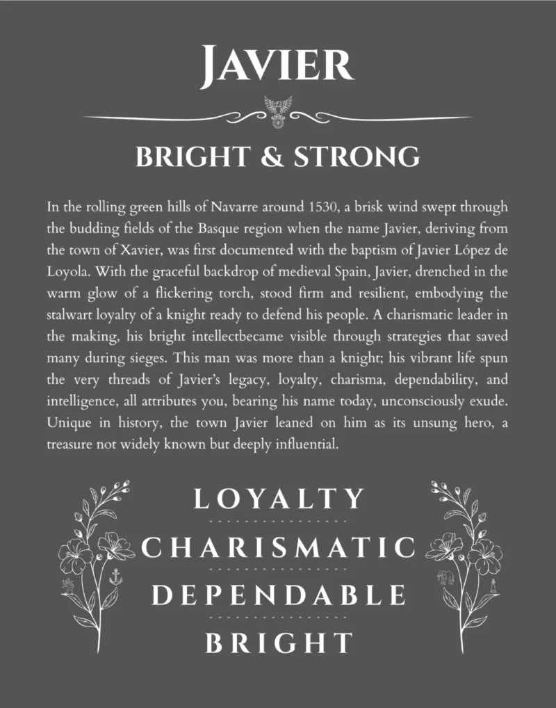 Javier custom name art showing meaning and origin in gray