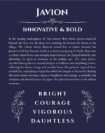 Javion personalized name art with origin story in navy blue
