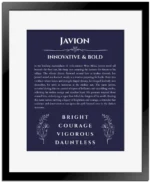 Javion personalized name art with origin story in navy blue with black matte frame