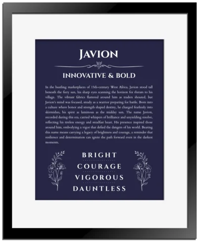 Javion personalized name art with origin story in navy blue with black matte frame