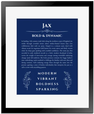 Jax custom name print for wall display in deep blue with black matte frame