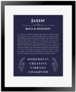 Jaxen personalized name art with origin story in navy blue with black matte frame