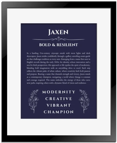 Jaxen personalized name art with origin story in navy blue with black matte frame