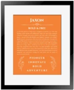 Jaxon personalized wall art with the story of your name in orange with black matte frame
