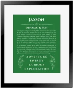Jaxson name meaning wall art by Get Your Story in dark green with black matte frame