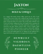 Jaxton name origin print with meaning and traits in dark green