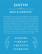 Jaxtyn custom name art showing meaning and origin in blue