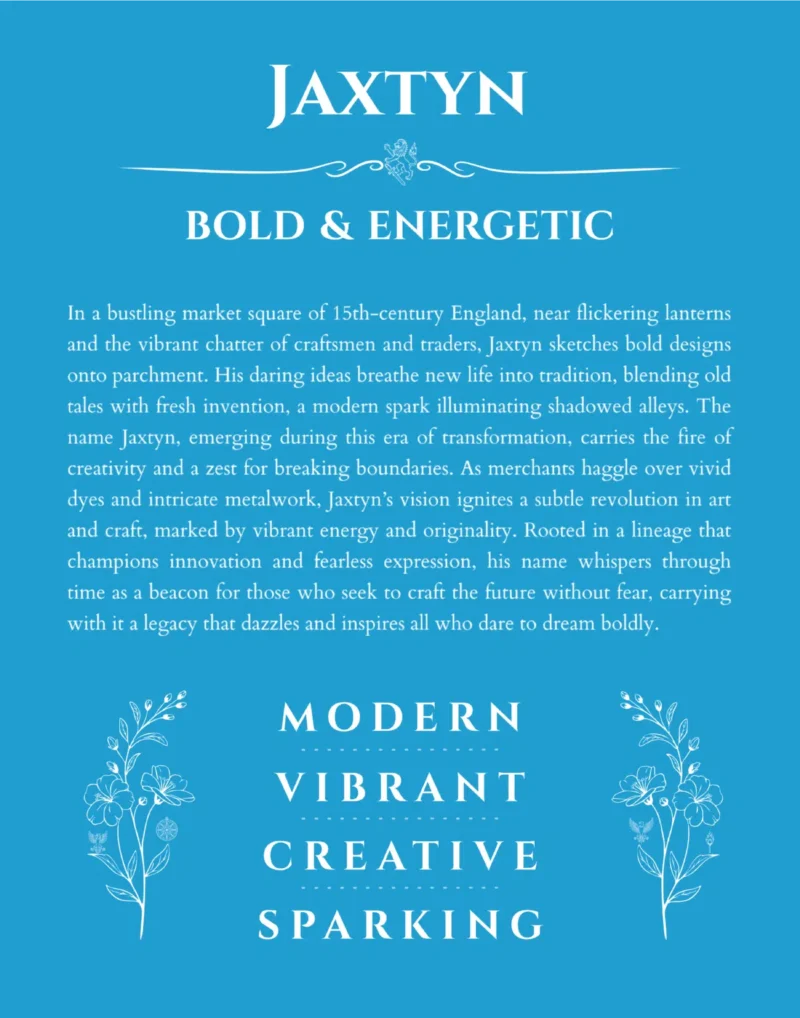 Jaxtyn custom name art showing meaning and origin in blue