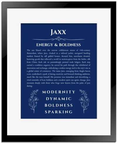 Jaxx custom name print for wall display in deep blue with black matte frame