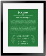 Jaxxon personalized name meaning print in dark green with black matte frame