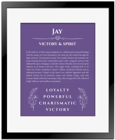 Jay name meaning wall art by Get Your Story in purple with black matte frame
