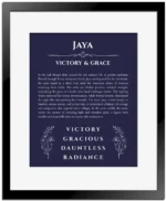 Jaya personalized name meaning print in navy blue with black matte frame