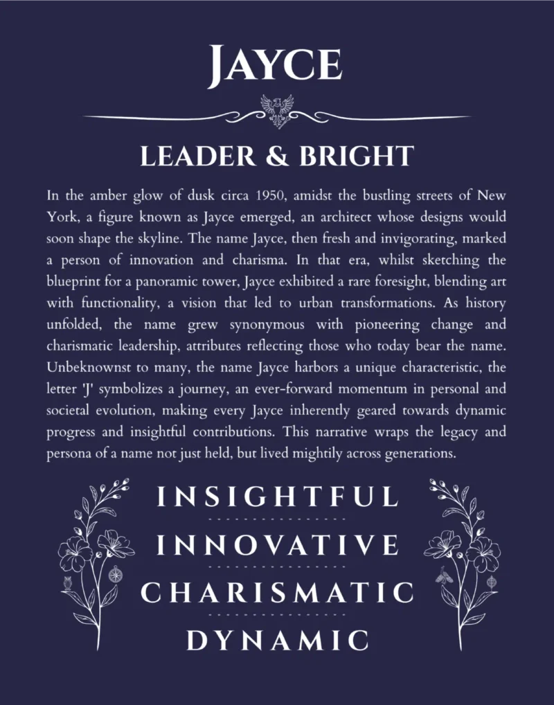 Jayce name origin print with meaning and traits in navy blue