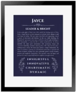 Jayce name origin print with meaning and traits in navy blue with black matte frame