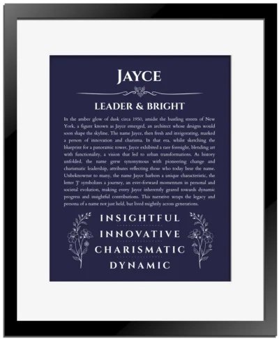 Jayce name origin print with meaning and traits in navy blue with black matte frame