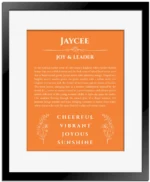 Jaycee personalized wall art with the story of your name in orange with black matte frame