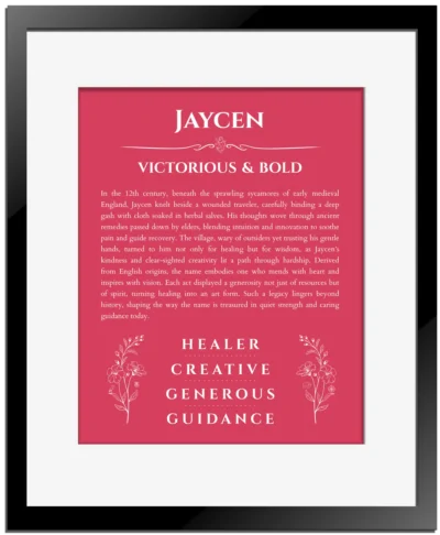 Jaycen personalized name print with origin and traits in red with black matte frame