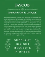 Jaycob name origin print with meaning and traits in dark green