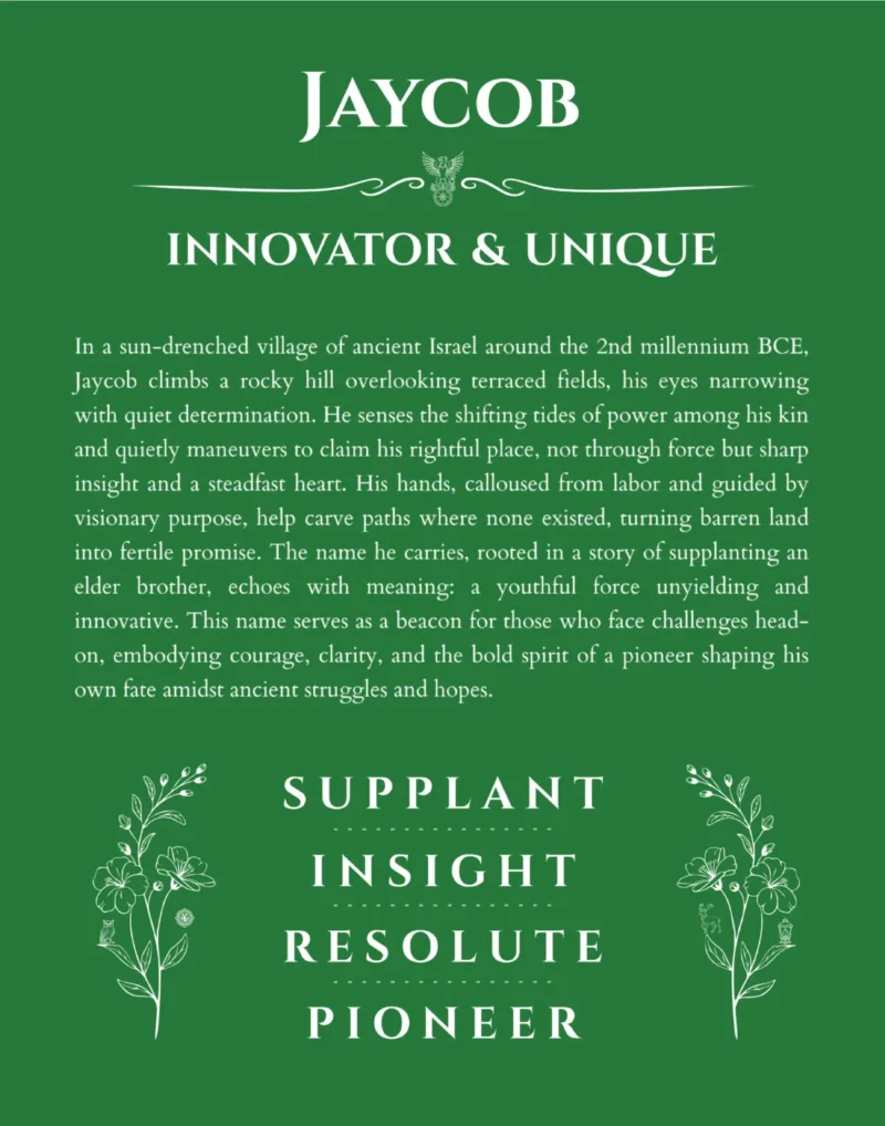 Jaycob name origin print with meaning and traits in dark green