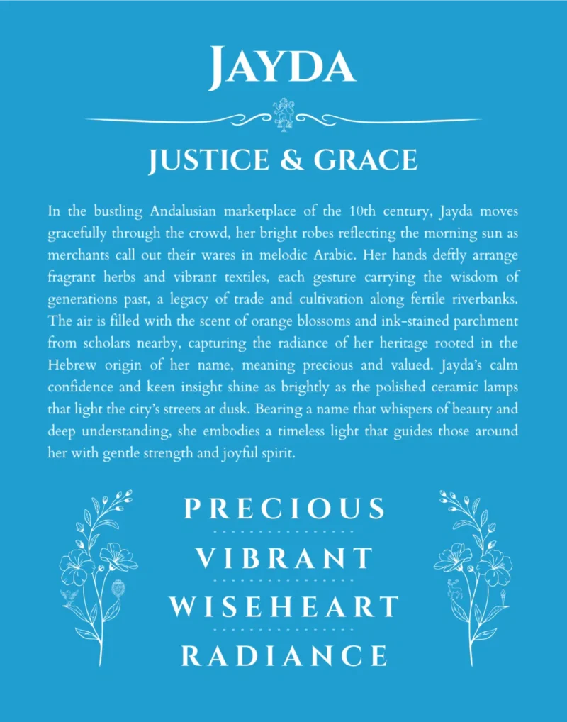 Jayda custom name art showing meaning and origin in blue