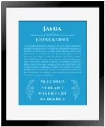Jayda custom name art showing meaning and origin in blue with black matte frame