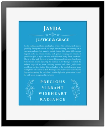 Jayda custom name art showing meaning and origin in blue with black matte frame
