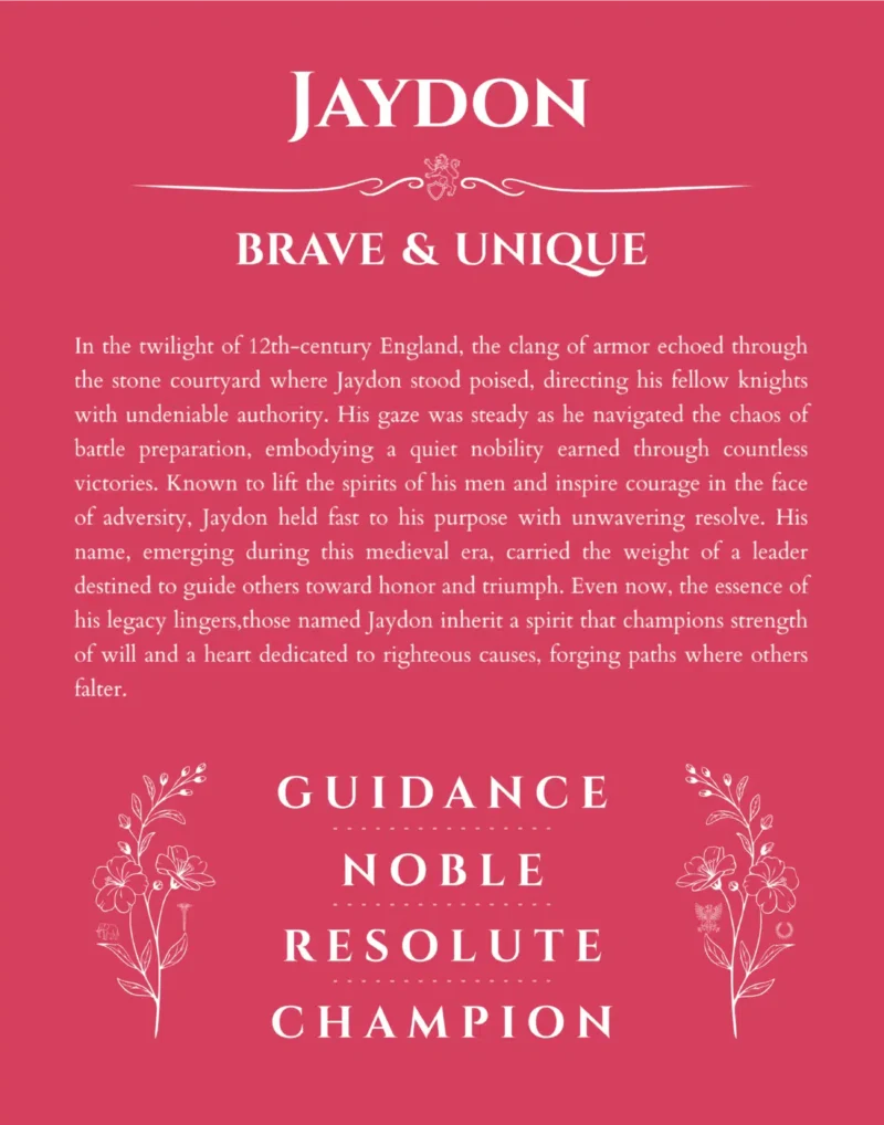 Jaydon name origin print with meaning and traits in red