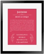 Jaydon name origin print with meaning and traits in red with black matte frame