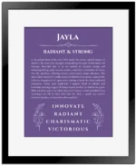 Jayla personalized name art with origin story in purple with black matte frame
