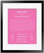 Jaylani name meaning gift print in pink with black matte frame