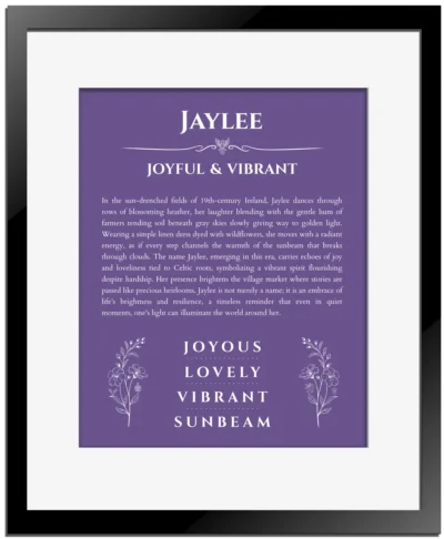 Jaylee name meaning wall art by Get Your Story in purple with black matte frame