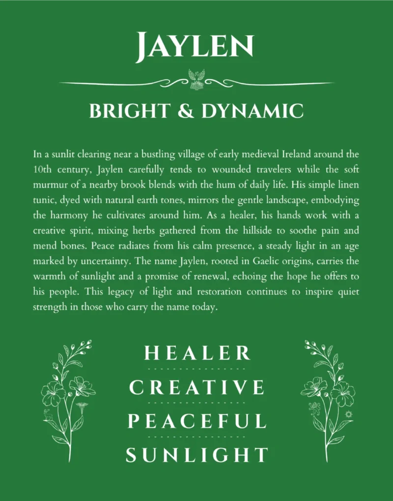 Jaylen personalized name print with origin and traits in dark green