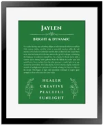 Jaylen personalized name print with origin and traits in dark green with black matte frame