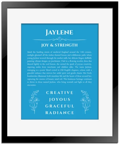 Jaylene custom name print for wall display in blue with black matte frame