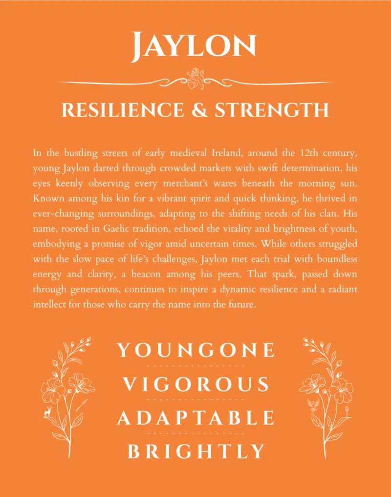 Jaylon personalized name print with origin and traits in orange