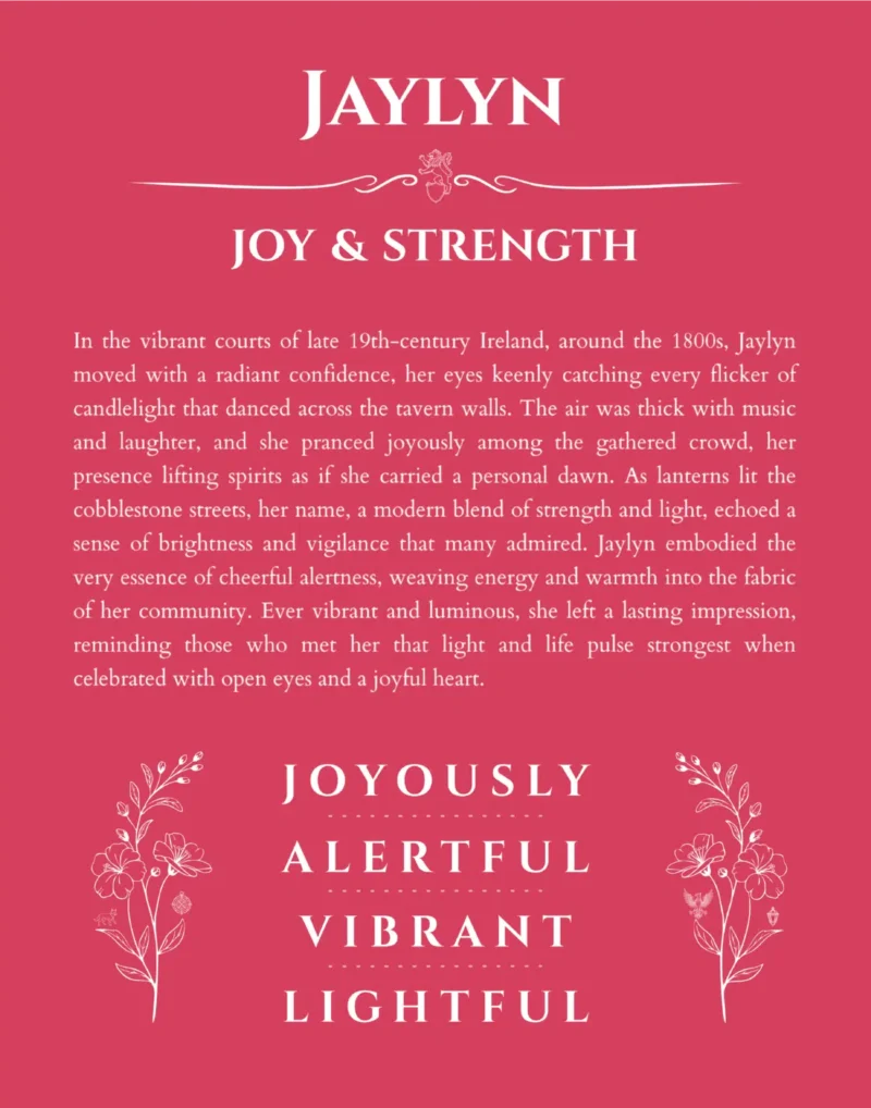 Jaylyn custom name art showing meaning and origin in red