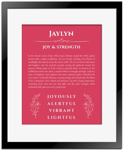 Jaylyn custom name art showing meaning and origin in red with black matte frame