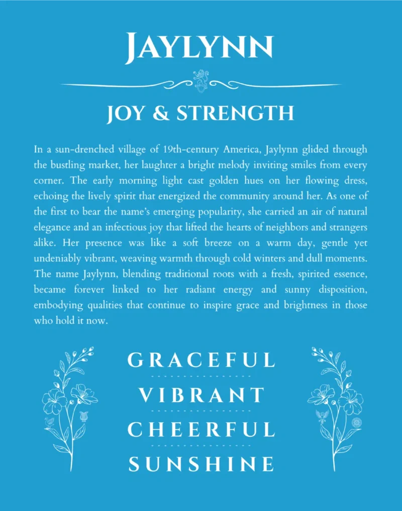 Jaylynn personalized name print with origin and traits in blue