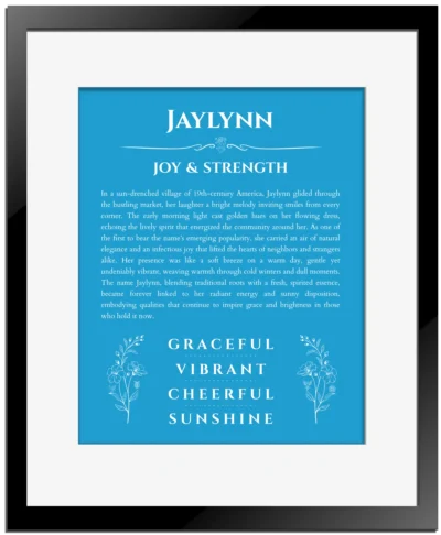 Jaylynn personalized name print with origin and traits in blue with black matte frame
