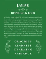 Jayne personalized name print with origin and traits in dark green