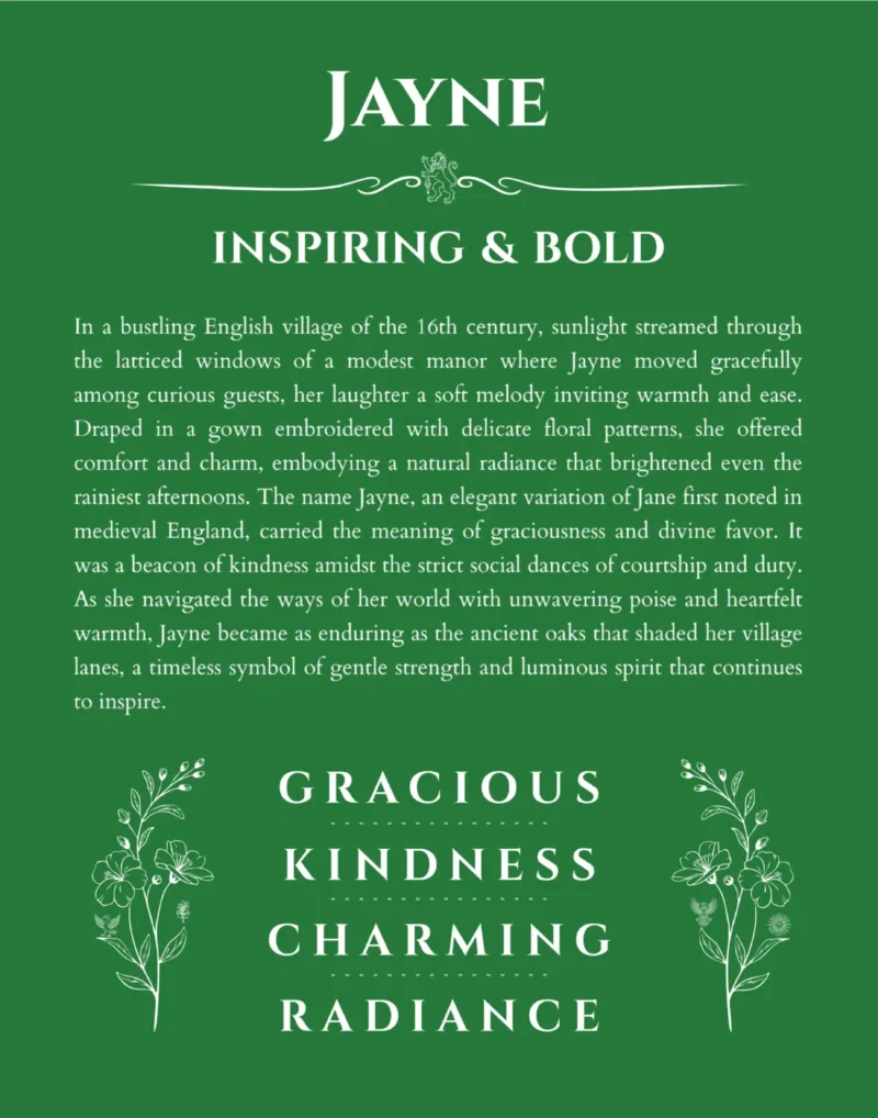 Jayne personalized name print with origin and traits in dark green