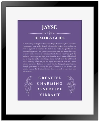 Jayse name meaning wall art by Get Your Story in purple with black matte frame