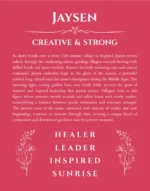 Jaysen personalized name art with origin story in red