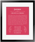 Jaysen personalized name art with origin story in red with black matte frame