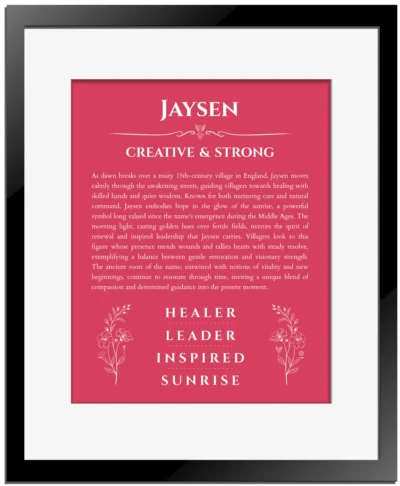 Jaysen personalized name art with origin story in red with black matte frame