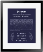 Jayson personalized name meaning print in navy blue with black matte frame