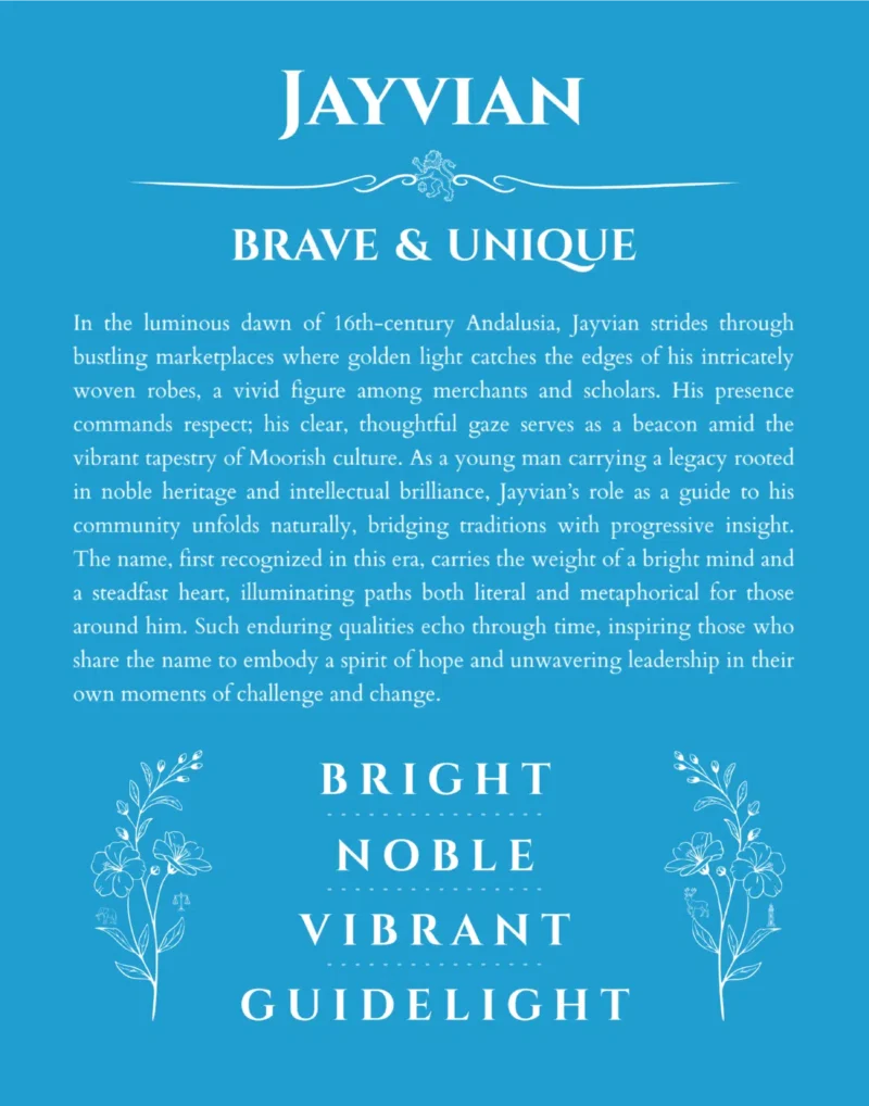 Jayvian personalized name print with origin and traits in blue
